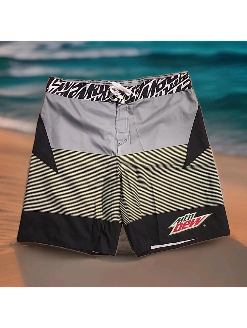 MOUNTAIN DEW Green/Black BOARD SHORTS Swim Trunks Men's 36 (082)